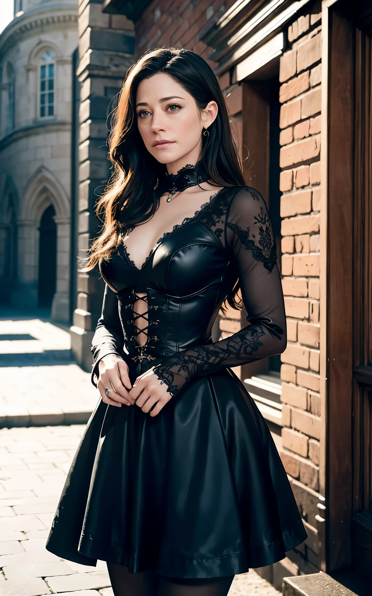 (Emmy Rossum:Evangeline Lilly) An ultra detailed, a beautiful goth girl with long straight hair in a short black dress is walking through a gothic city, moonlight, gothic fashion, dark fantasy style, hyper realistic, realism, digital art, cinematic, perfect contrast, high sharpness, depth of field, ultra detailed photography, global illumination, smooth, ultra high definition, 8k, unreal engine 5, ultra sharp focus, award winning photograph