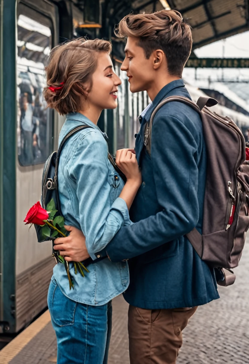8 k resolution, realistic photo, outdoor, old fashion europe , details every features, 
At train station, among the other people, busy time at station, two lovers ,greeting , before it starts to depart, A boy is near door of the train, embrace each other. Boy ,with backpack, short drop fade hair, gives her a bundle of roses, girl,  long shoulder  hair, she receives ,  faces are missing  with love and affections. promise not to forget: 
