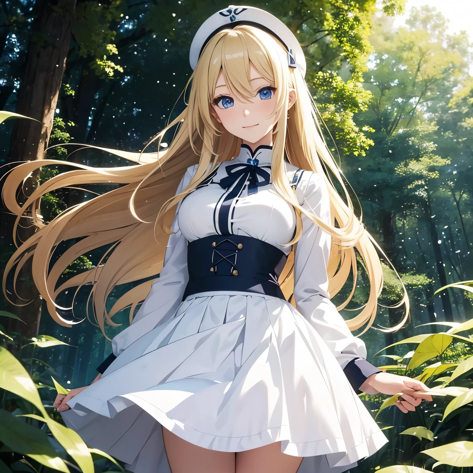 Anime girl with long blonde hair and dark blue eyes wearing white skirt. She is happy to see you.  In a forest