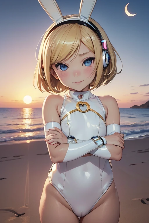 Photo of beautiful jpn-girl, masterpiece, 1 girl,
((:1.5)), Cyborg girl with blonde bob hair and blue eyes and dark skin, (blonde bob hair:1.2), smile, white latex leotard, (mechanical bunny ears headband: 1.2), headphones, (crescent moon sunset:1.3), bayside, shore, on the beach, (cowboy shot),