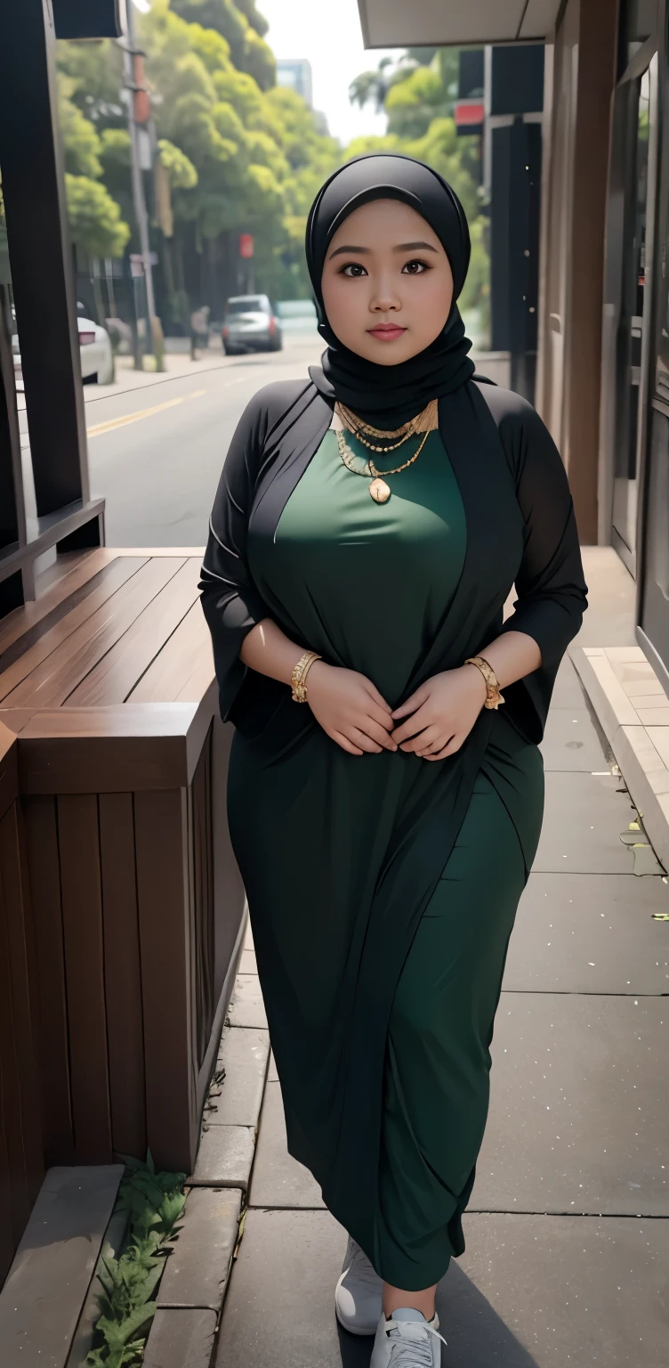 1 malay girl, modern plain hijab, shy, medium portrait, watery eyes, wearing dark green kebaya, ((big breasts)), black bokeh background, well-proportioned body,, chubby massive thighs, full body pose, wearing a necklace , wearing 10 bracelet , wearing a sneaker 