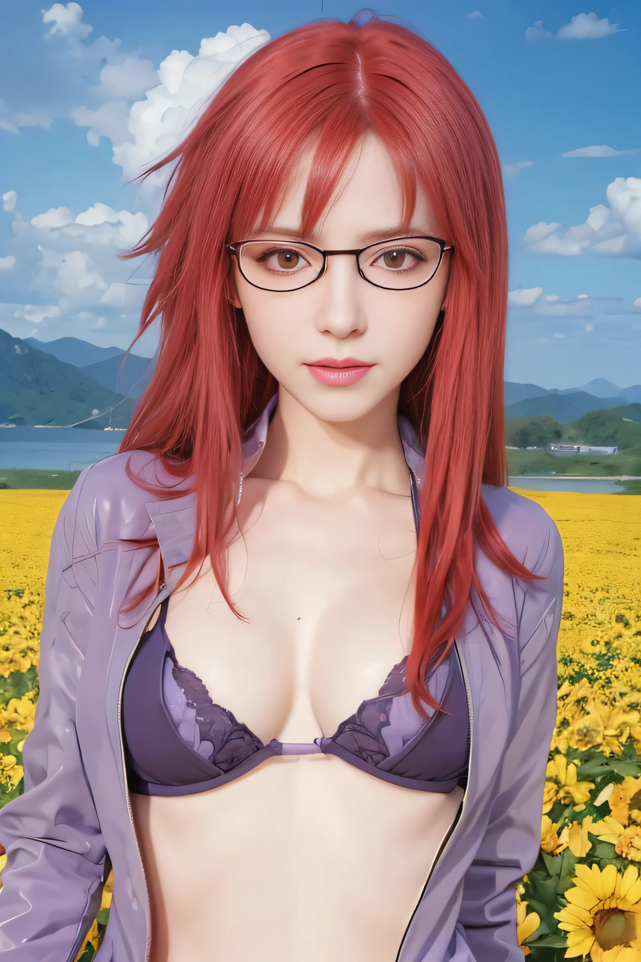 masterpiece, best quality, (realistic,photo-realistic:1.4), (RAW photo:1.2), extremely detailed CG unity 8k wallpaper, delicate and beautiful, amazing,finely detail, official art, absurdres, incredibly absurdres, huge filesize, ultra-detailed,extremely detailed eyes and face,light on face,karin uzumaki,(little smile),(red hair:1.4),(long hair:1.6),(wearing purple jacket:1.5),nature,(small breast:1.3)(wearing red bra),(wearing glasses:1.4),(red eyes:1.7)
