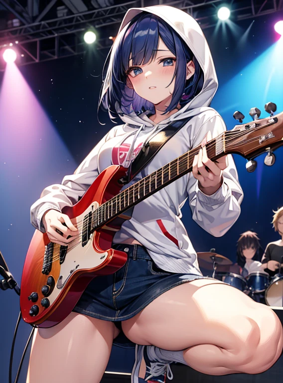 Beautiful and attractive anime woman, Enchanting anime girl, Top rated on pixiv、hoodie、band、Playing electric guitar、Group live on stage、bandグループの一員、Short Bob、A revealing outfit
