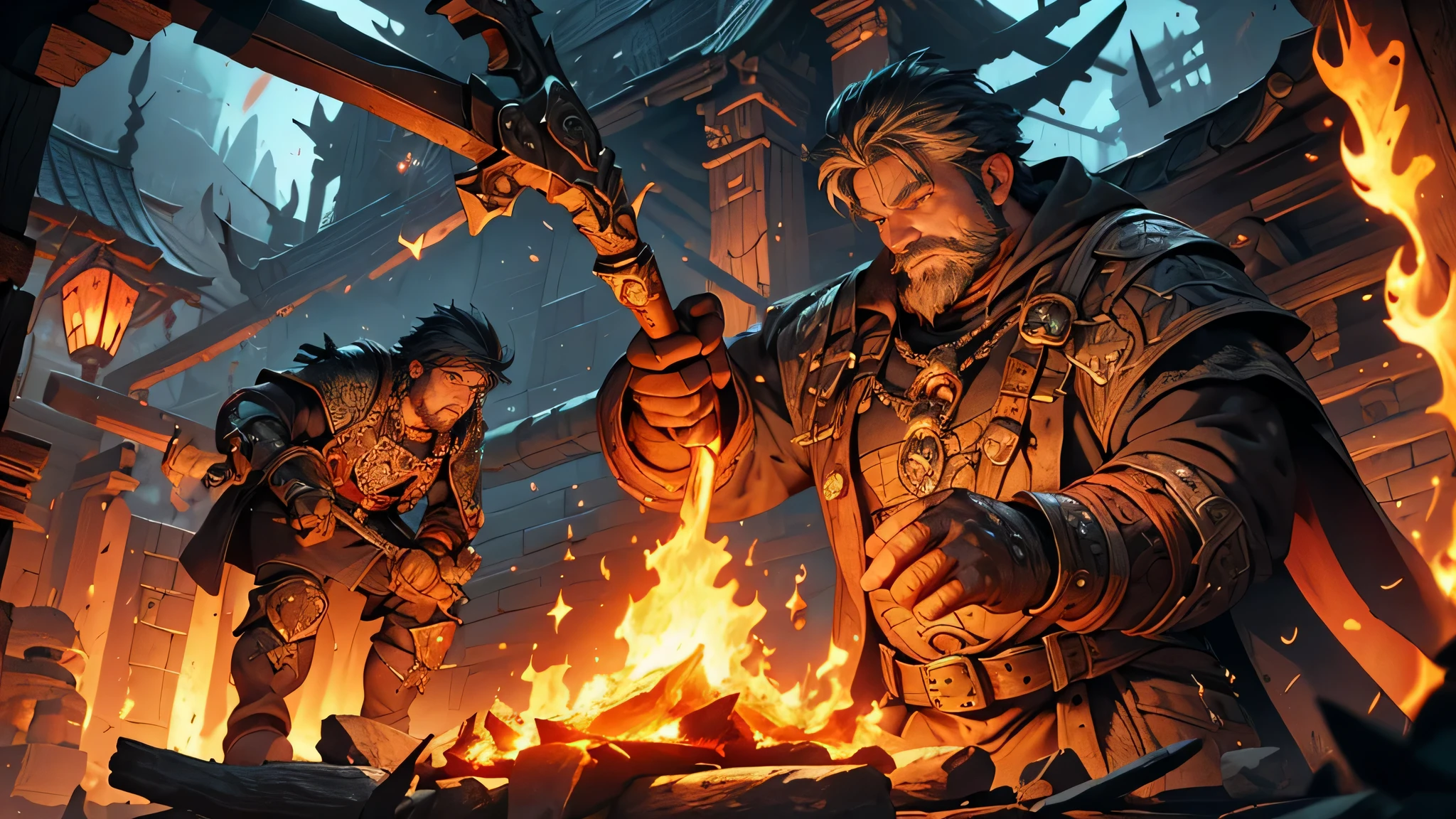 (detailed) dwarf blacksmith, fiery forge, sparks flying, glowing hot metal, sturdy anvils, heavy hammers, intricate craftsmanship, intricate designs, fantasy theme, dwarf community, bustling workshop, magical atmosphere, ancient tools, enchanted anvils, ancient craftsmanship, epic battle scenes, epic fantasy world, rich colors, dramatic shadows, intense heat, intense passion, master blacksmith, (best quality,highres,realistic,photorealistic), (vibrant colors,masterpiece:1.2), (magical,enchanted:1.1), (dramatic lighting,moody atmosphere), (Gothic fantasy style:1.1), (forging flames:1.2), (mystical aura:1.1), (meticulous attention to detail:1.1).