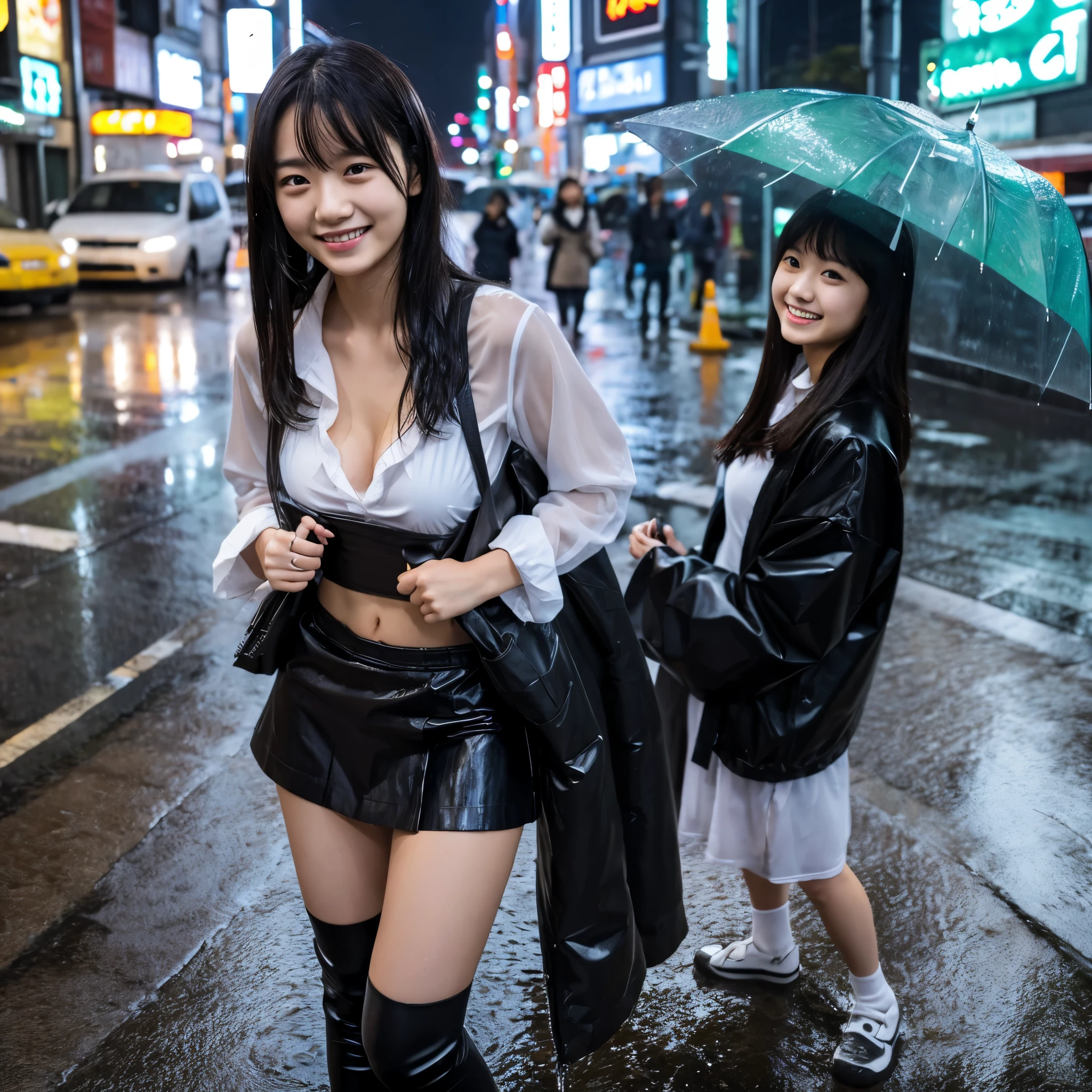 She walks alone on the sidewalks of a big city lined with buildings ,drenched, Dripping, Wet Face,Wet clothes, Wet Skin, Wet Hair,A young woman with a cute face like an idol,Smiling Kindly,((Cleavage)),((White dress)),((Full body portrait)),RAW Photos,Genuine,Genuine,High resolution,RAW Photos,masterpiece, beautiful