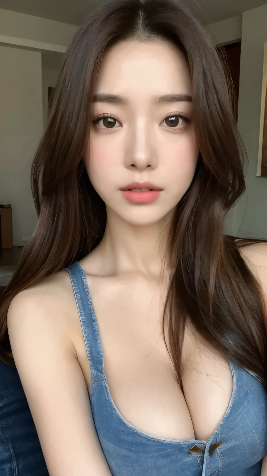 (real, High resolution:1.3), One girl with a perfect body, Very beautiful face and eyes,Long Hair, Random color tank top:1.2, Short jeans, Big Breasts,Exposing cleavage