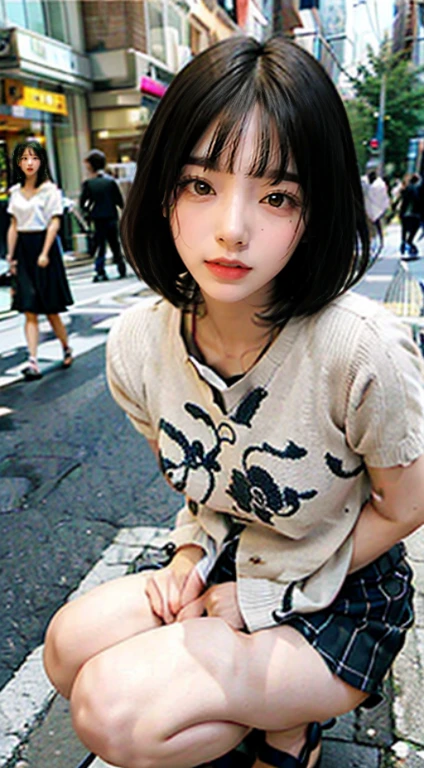 (Remote Play), ((uniform)),Office Lady、 On the street, (close your eyes, Open your mouth, Slouching posture), 1 Female, solo, 19 years old, 7 heads, Ideal body proportions, Erect nipples, Sexy Body, short hair, Black-haired, , Slender, Large Breasts, Beautiful feet, Thin legs, Surrealism, Cinema Lighting, Depth of written boundary, First Person View, debt/1.8, 135mm, んdebtdebt, Tabletop, Accurate, Anatomically correct, Textured skin, Super Detail, Attention to detail, high quality, Awards, 最high quality, High resolution, 8k