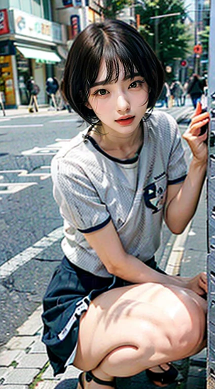 (Remote Play), ((uniform)), On the street, (close your eyes, Open your mouth, Slouching posture), 1 Female, solo, 18-year-old, 7 heads, Ideal body proportions, Erect nipples, Sexy Body, short hair, Black-haired, , Slender, Small Ass, Beautiful feet, Thin legs, Surrealism, Cinema Lighting, Depth of written boundary, First Person View, debt/1.8, 135mm, んdebtdebt, Tabletop, Accurate, Anatomically correct, Textured skin, Super Detail, Attention to detail, high quality, Awards, 最high quality, High resolution, 8k