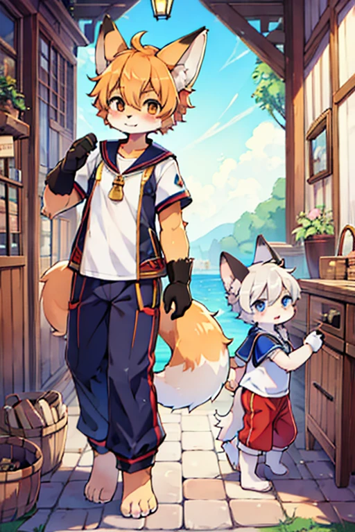 3 males, Fox, Furry, Beastman, Animal hair, tail, Sailor suit, Short sleeve, Jersey pants, Long trousers, gloves, barefoot
