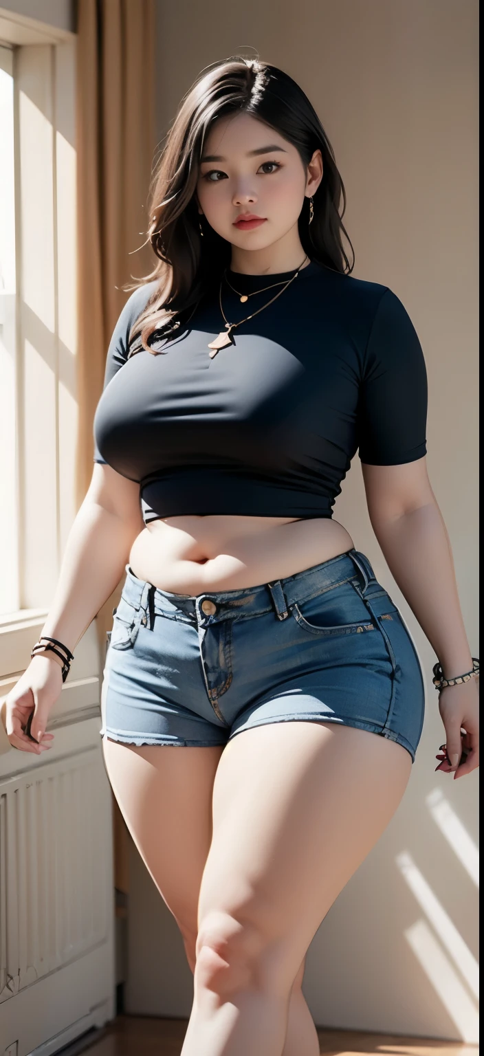 ((best quality)), ((masterpiece)), (detailed), perfect face, araffe woman in a dark-blue shirt and blue denim skirt walking down a dark room, thicc, she has a jiggly fat round belly, bbwchan, wearing tight simple clothes, skinny waist and thick hips, widest hips, her belly is fat and round, soft curvy shape, hyperrealistic full figure, wearing a cute top, wide hips, wearing 10 bracelet , wearing huge diamond necklace , watch, wavy short hair