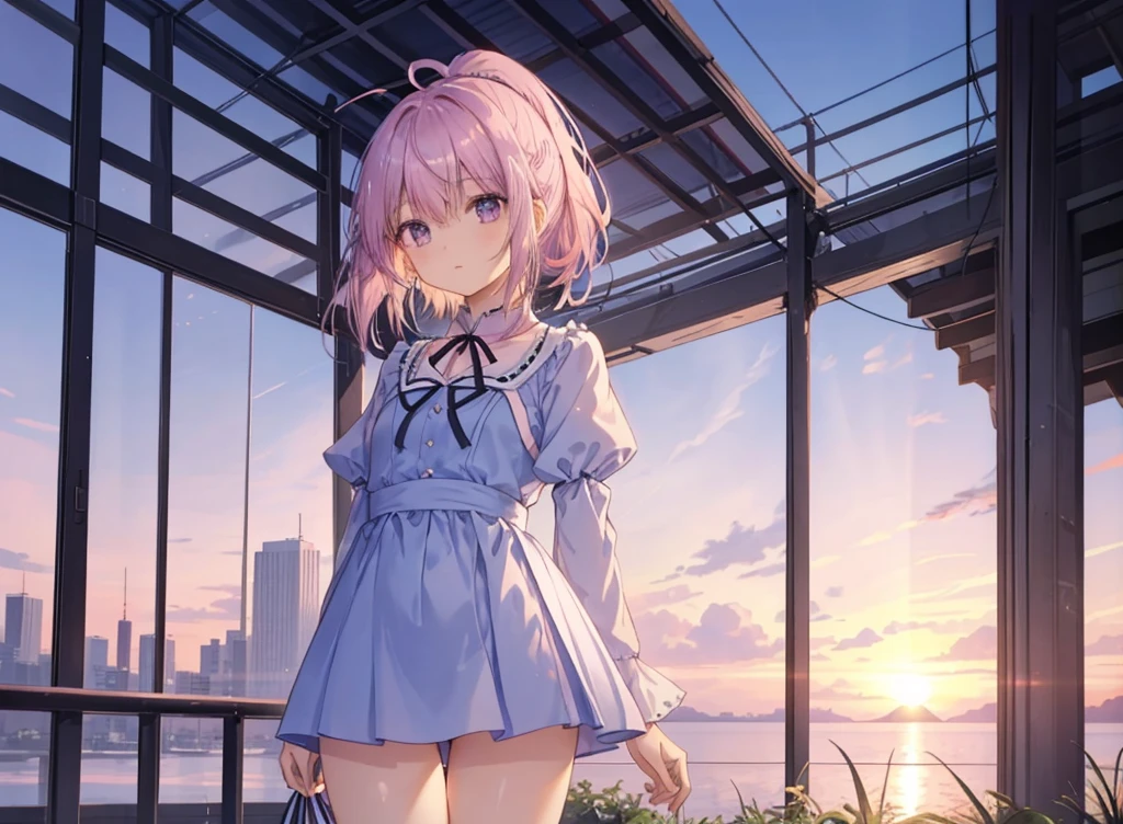 From afar、Slim and long, 1 girl、Very delicate and beautiful girl, Young girl, Light purple and pink short hair, Ahoge、ponytail、ribbon、Gradient Hair、inner hair color, Beautiful details, Medium Chest, Pastel colored clothes,beautiful sunset、whole body、Thick thighs