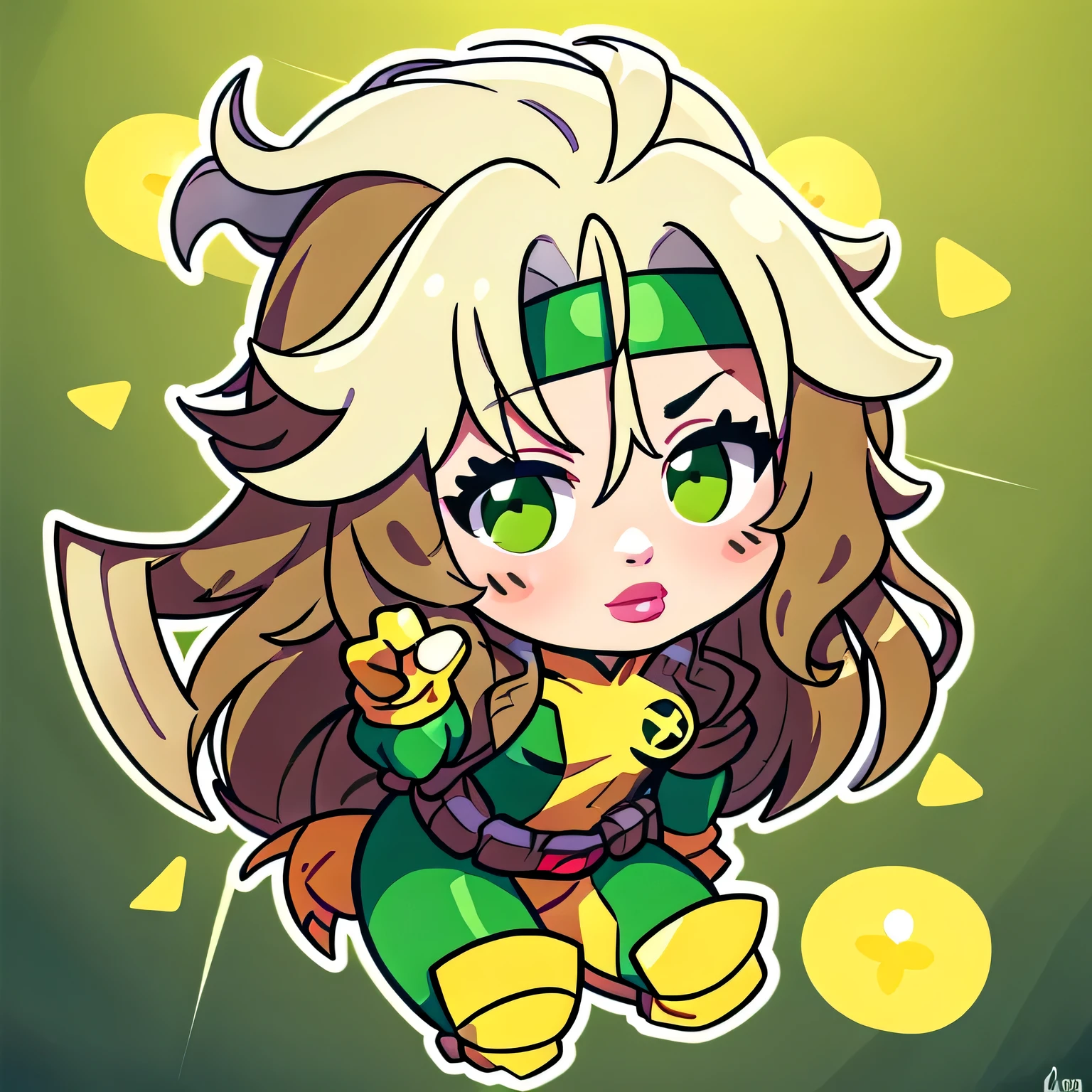 desenho animado_X_humano_on its own,ownwaifu, long cabelo,seios,brown cabelo,olhos verdes,lipstick,inventar,lips,white cabelo,two-tone cabelo,arco de cabelo,wavy cabelo,large seios,messy cabelo,curly cabelo,grande_cabelo, yellow May,jaqueta,luvas,cinto,yellow luvas,green May,May,multicolored May,Super heroi, pele firme,roupas multicoloridas, 1 garota, Sozinho, olhando para o espectador,sempre em frente, Arte Oficial, high resolution, fundo verde com estrelas, (obra de arte:1.1), (melhor qualidade,:1.1), (alta qualidade:1.1), (captura de tela de anime:1.2),