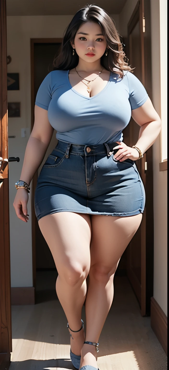 ((best quality)), ((masterpiece)), (detailed), perfect face, araffe woman in a dark-blue shirt and blue denim skirt walking down a dark room, thicc, she has a jiggly fat round belly, bbwchan, wearing tight simple clothes, skinny waist and thick hips, widest hips, her belly is fat and round, soft curvy shape, hyperrealistic full figure, wearing a cute top, wide hips, wearing 10 bracelet , wearing huge diamond necklace , watch, wavy short hair
