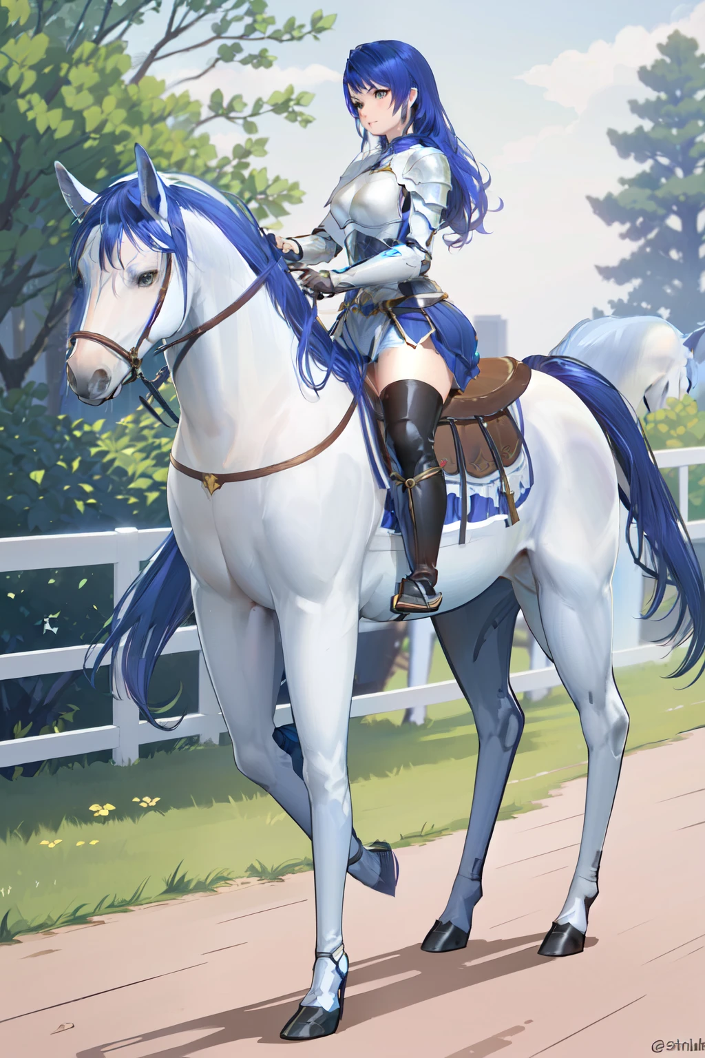 ((best quality)), ((masterpiece)), (detailed), 4k, realistic, perfect face, female knight, from side, long hair, female knight (blue armor, blue miniskirt, blue boots), horseback riding, horse riding, (white horse, saddle, stirups, reins: 1.5), walking: 1.5, beautiful forest, best scenery, from side, anatomically correct