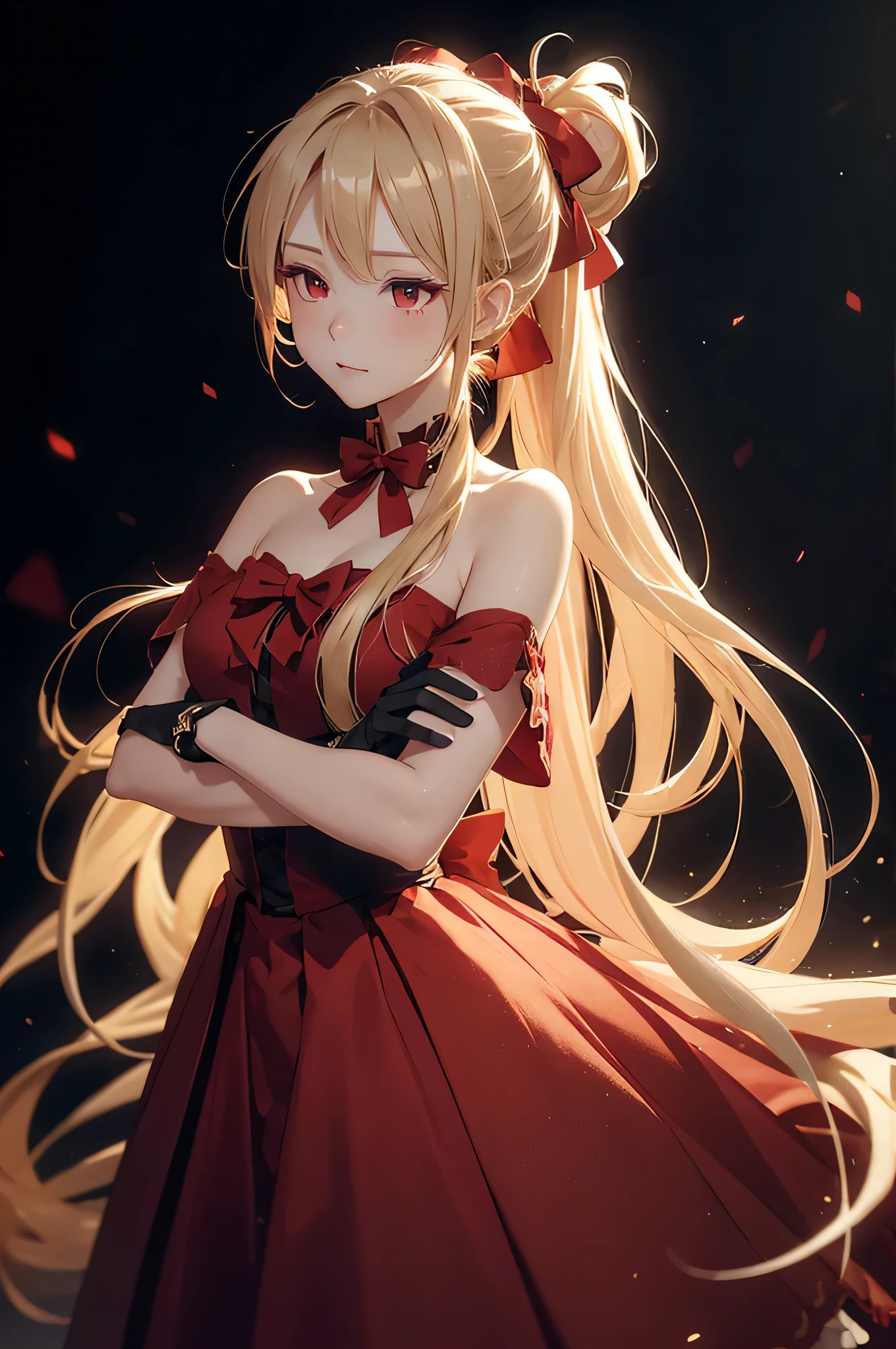 light particles, soft lighting, volumetric lighting, intricate details, finely detailed, backlighting,
1girl, solo, standing, upper body, crossed arms,
blonde hair, long hair, high ponytail, hair intakes, sidelocks, red bow,
red eyes, looking at viewer, tsurime, half-closed eyes,
red dress, off shoulder, bare arms, gloves,
black background, simple background,