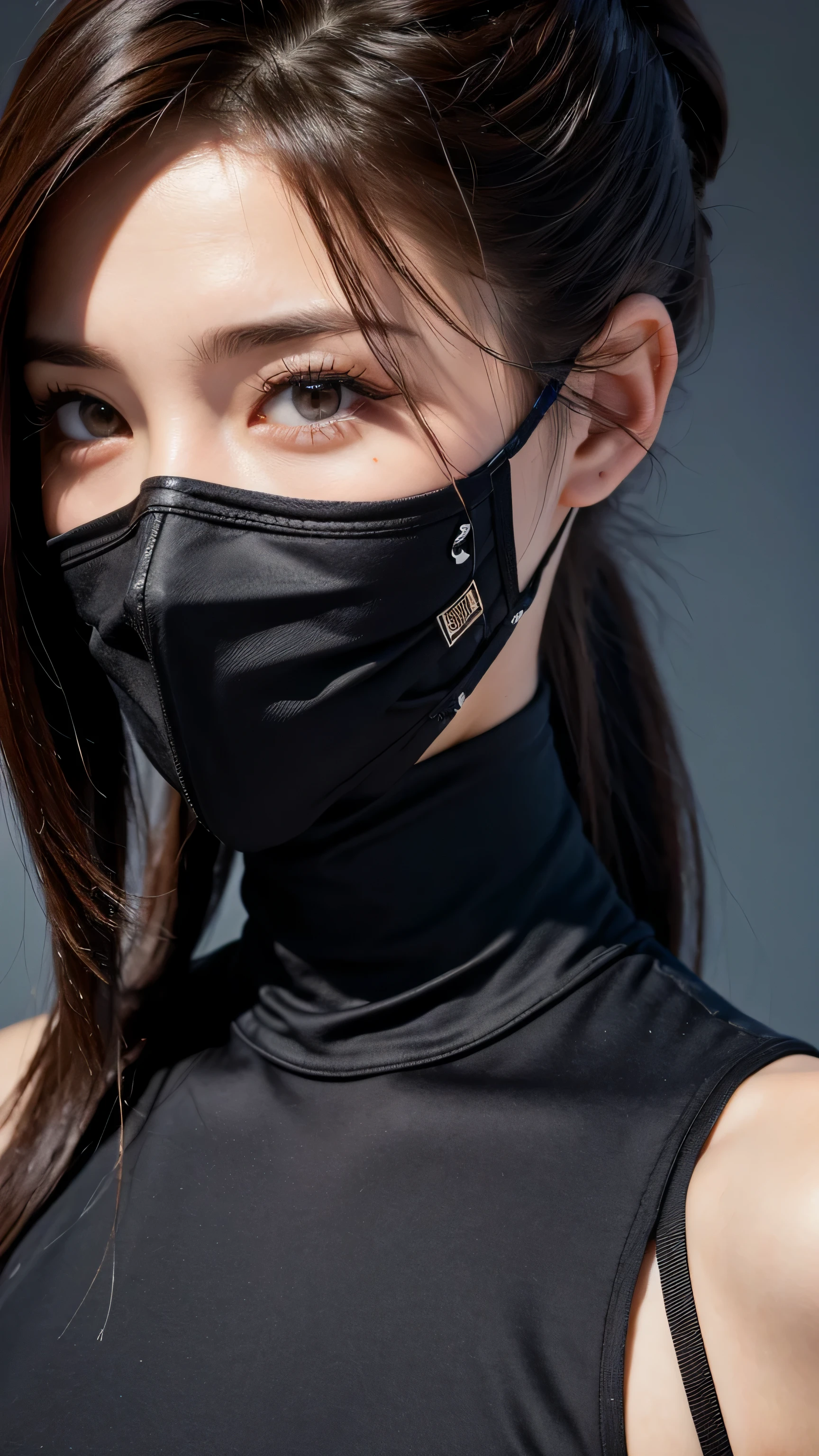 (8K,highest quality,tmasterpiece:1.2),(hair_style),(realisticlying,realisticlying:1.37),HighestQuali,masterpiece,Female ninja,smog,masked,scyscraper,close up