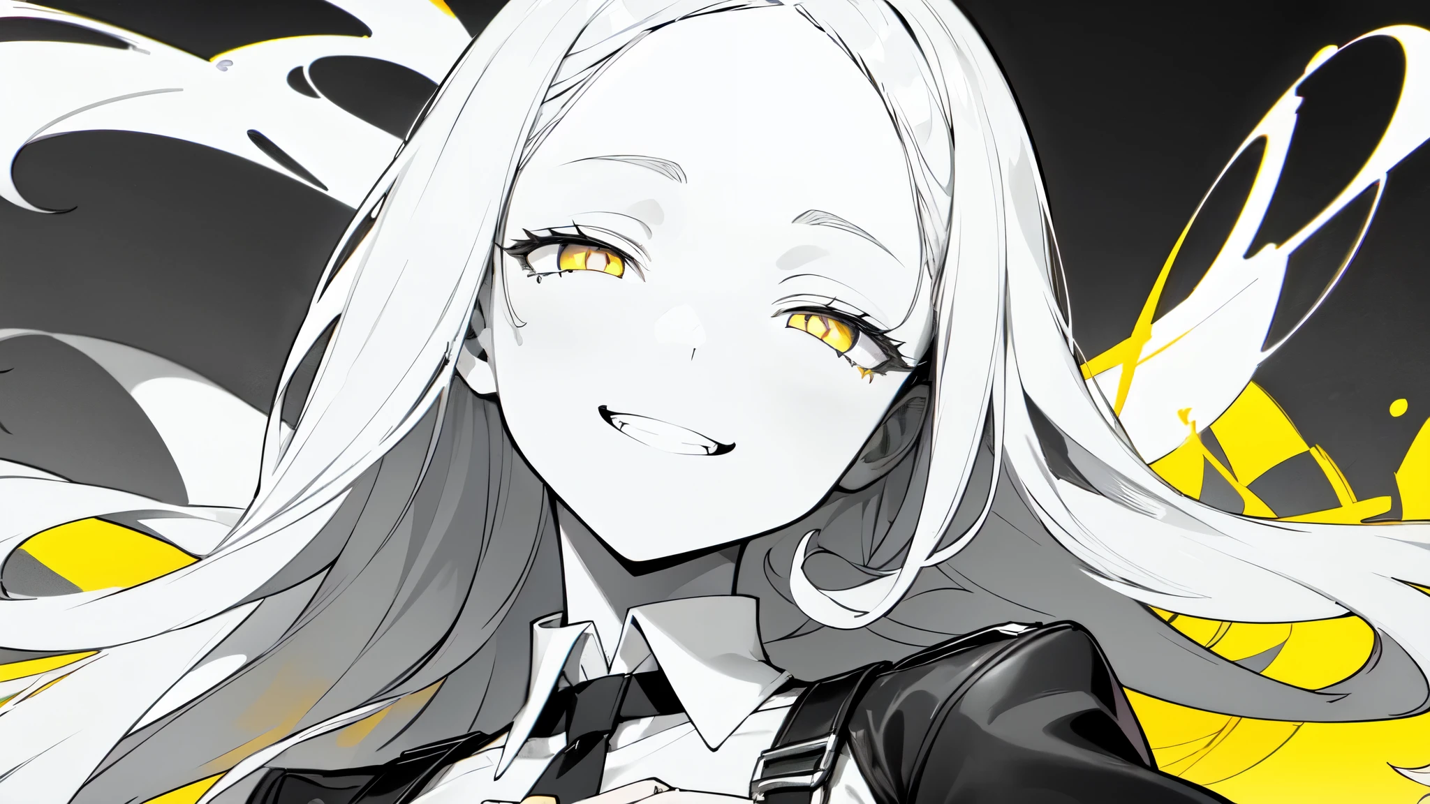 (((colored yellow eyes with greyscale background))), 1girl, woman, solo, long hair, big hair, (forehead:1.2), (round sunglasses:1.19), yellow eyes, medium breasts, devilish grin from below, white hair, (overcoat, black coat, open coat:1.2), white shirt, collared shirt, (chest harness, shoulder strap:1.15), black leather shorts, garter belt, gloves, ((from below)), elegant, looking at viewer, standing, chromatic aberration, (close-up to face:1.2), face only masterpiece, best quality, 4k