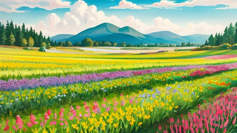 Ink Painting landscape「Flower Field」 prompt: 色とりどりのFlower Fieldを描く。