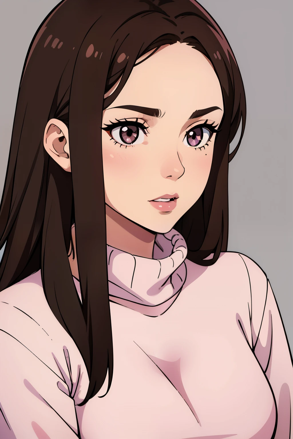 Girl, long brown hair, gray eyes, sharp features, white skin, pink lips, sweater