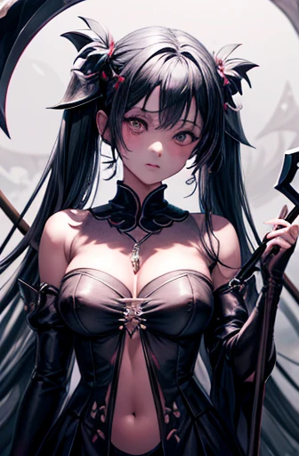 [monochrome: soft color: 0.6] theme, (masterpiece), (best quality), (detailed), light layer, glossy skin, (intricate detailed, stretched clothes, demon wings, hair ornament: 1, 2), from above, black hair, black choker, long hair, hime cut, straight bangs, side locks, red eyes, holding staff, holding scythe, holding sword, (mature female: 1.1), [uncensored, NSFW,, (lactation), BREAK side ponytail ( simple bottom:1.1),1 girl,