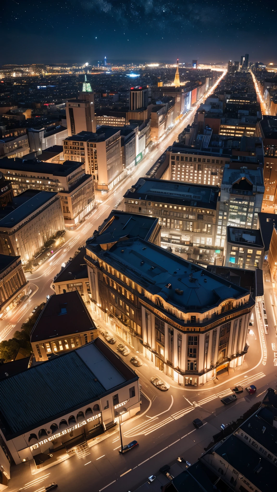 (best quality), high quality, very high resolution, (ultra detailed), 8k, (hyper realistic),Ray Tracing, Highest quality, Night view, Shining buildings, Angle from above