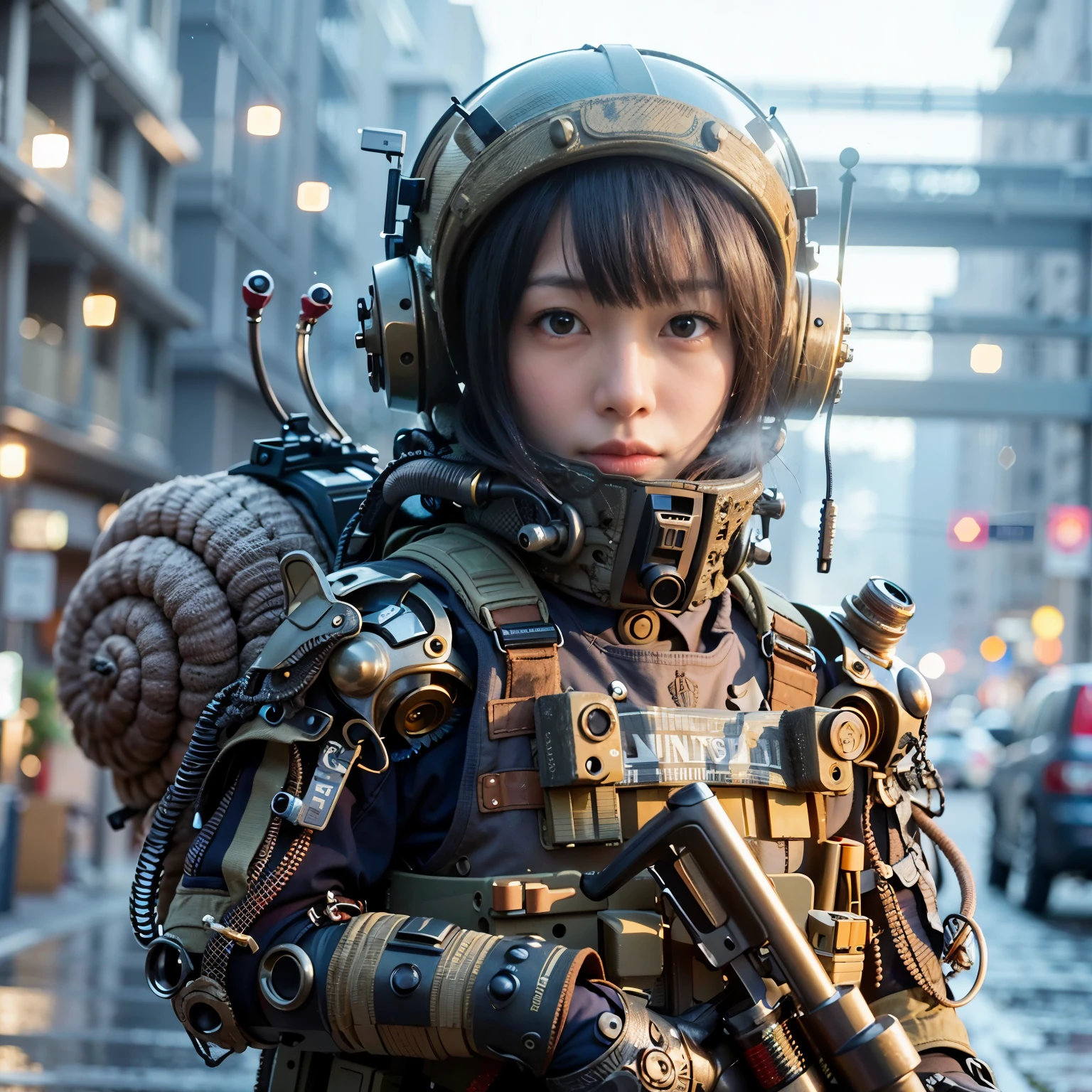 (Masterpiece, Best Quality: 1.2), (8K UHD, 16K, 32K, Ultra High Resolution), (Photorealistic: 1.37), (RAW Photo), Ultimate Reality, Ultimate Realistic Detail, Ultimate Realistic Texture , extremely intricate details (mechanical armor fused with a snail), power pipes, easy to understand, extremely intricate details, Japanese female soldier wearing mechanical armor, extremely cute face, extremely beautiful face, realistic, Full body shot, shot from the dawn of a secret base, cyberpunk