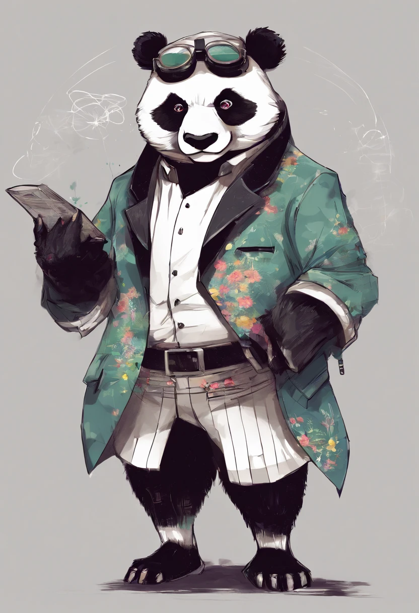 anthropomorphic panda, de cuerpo entero, vestido formalmente con un blazer, sostiene una bandeja, pegatina de panda, sticker de panda.