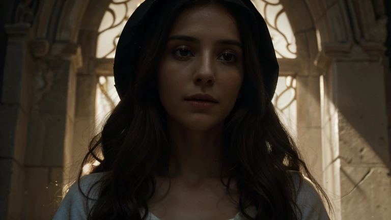 In a brightly lit scene, Mary mother of Jesus Christ emerges. The high-quality image depicts a juxtaposition of darkness and ethereal beauty, transporting viewers to a realm of ancient magic and unknown tales. The representation is realistic and in 4K quality. Jesus is portrayed with traditional elements, such as a white robe, conveying a sense of mystery and divinity.",