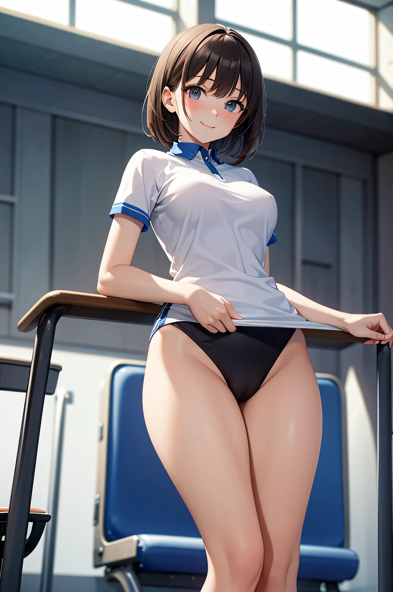 (masterpiece), highly realistic, from below, Flushed cheeks and smiling to the viewer, Incredibly beautiful woman with dark brown short hair and pale skin, (hard camel toe), medium bust, (school gymnasium), (perfect anatomy), 8k Resolution, wonder full, elegant, hyperrealism, approaching perfection, dynamic, highly detailed, smooth, ultra high definition, Alchemy Smooth Upscaled Image ,HD resolution, high quality boost, contrast boost, professional alchemy