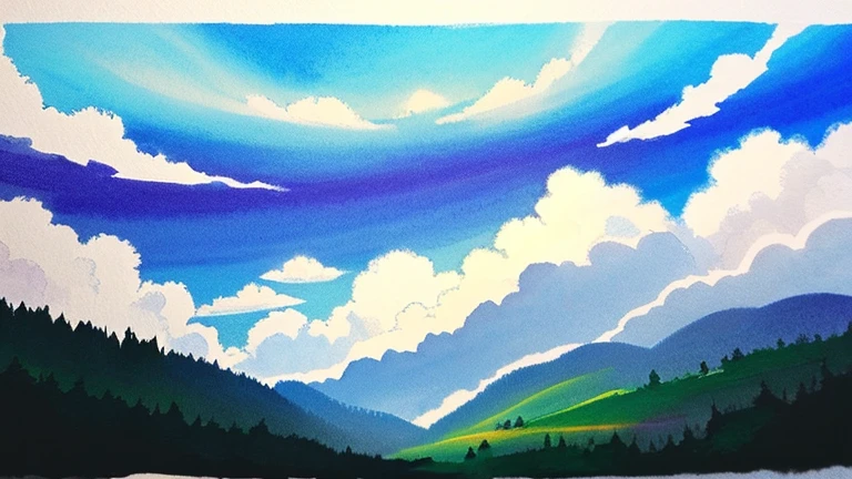 Ink Painting landscape「Light from the clouds」 prompt: Drawing the light shining through the clouds。