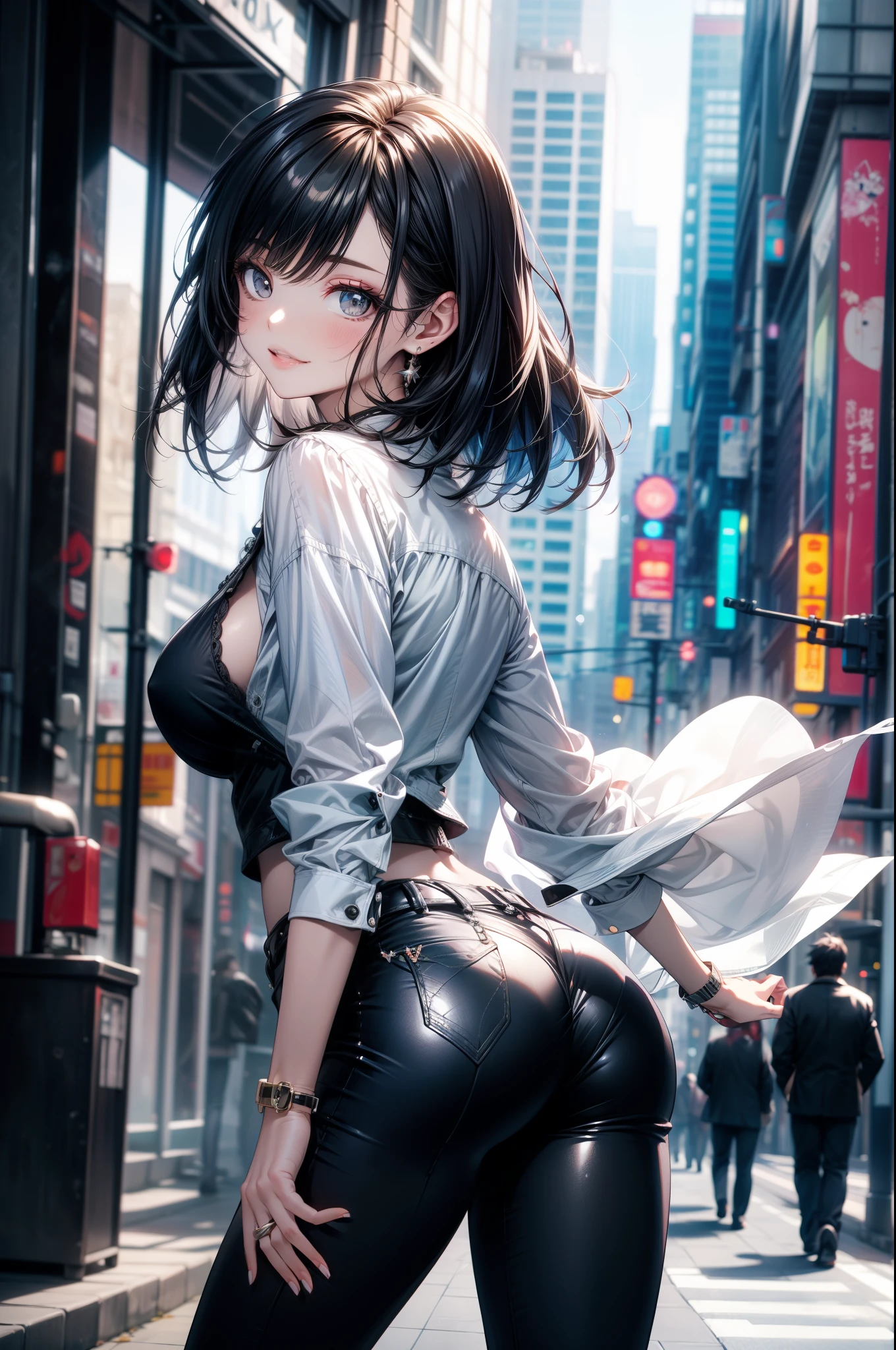 masterpiece, best quality, high quality, detailed, ultra detailed, hyper detailed, insanely detailed, exquisite, beautiful, FHD, Full-HD, 4K, 8K, 16K, highres, absurdres, city, cheerful, grinning, walking, looking back, looking at viewer, short hair, straight hair, black hair, black eyes, pale skin, pale skin, shiny skin, detailed skin, detailed face, slender, beautiful breasts, leggy, beautiful ass, blouse, jacket, pants, in the city, with snow, beautiful, sunlight