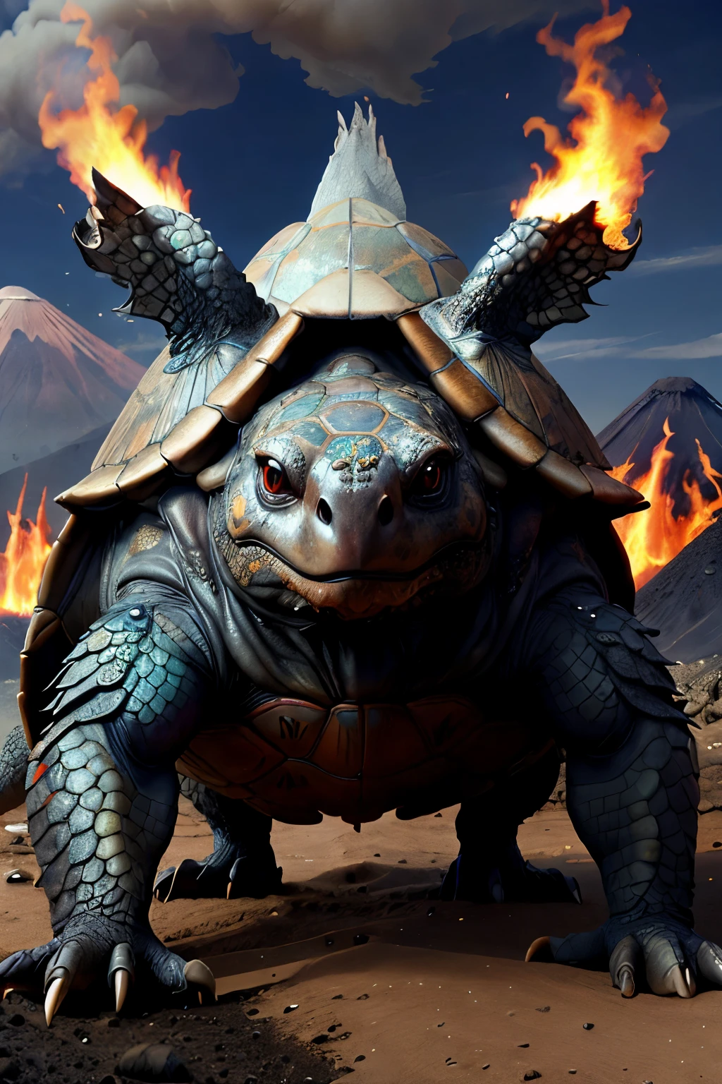 (Dragon DNA:0.3), turtle,huge,Volcano on the back,Fire,flare up,