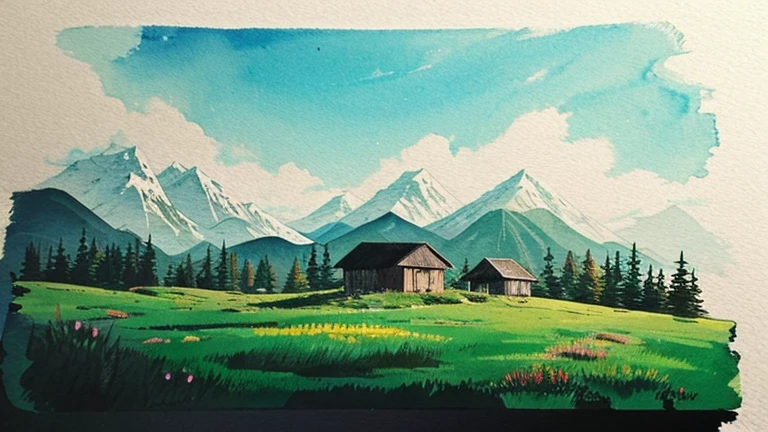 Ink Painting landscape「Mountain hut」 prompt: 山の中腹にある小さなMountain hutを描く。