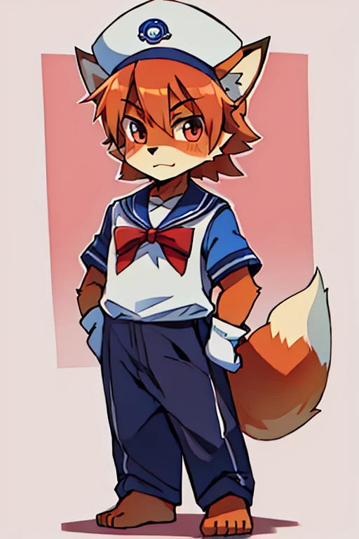 5 males, Fox, Furry, Beastman, Animal hair, tail, Sailor suit, Short sleeve, Jersey pants, Long trousers, gloves, barefoot