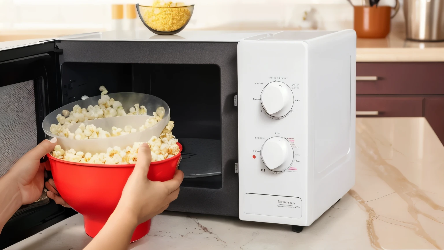 someone is putting popcorn in a microwave with a bowl of popcorn, Still life of microwave oven, food particles, simple, Silicone Case, bowl filled with food, cheap, simple to use, Popcorn maker, a green one, on a red plate, 1080p, 1 0 8 0 p, bowl, small, Crisp quality, oven, Movie flavor
