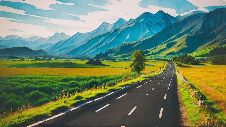 Ink Painting landscape「Road」 prompt: Roadを歩く旅人のlandscapeを描く。