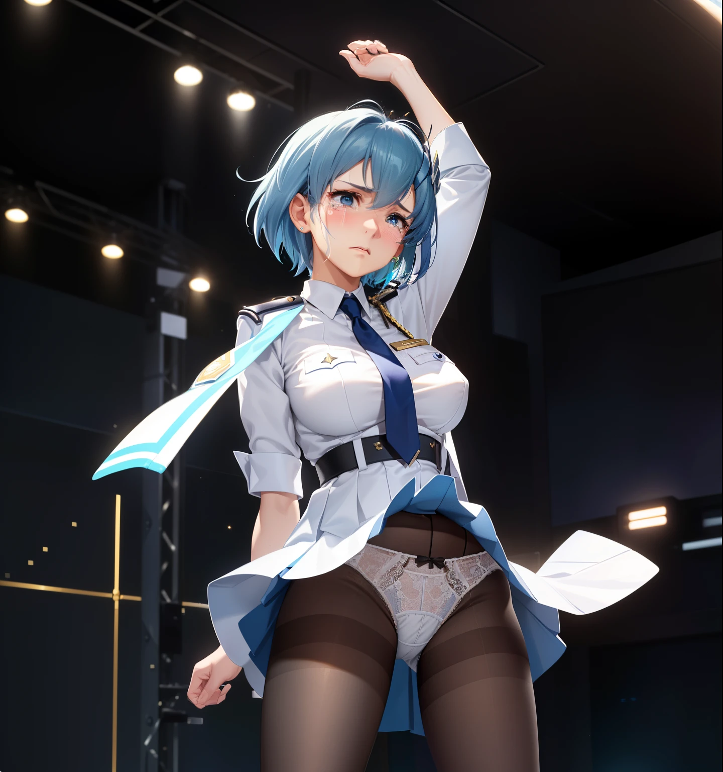One Girl, Shiny skin, 最high quality, (Game CG:1.4), Browsing Caution, Beautiful face and eyes in every detail,Big Tits、Small lingerie, Severe, Big ample breasts、((最high quality)), (Very detailed), (Very detailed CG 統合 8k 壁紙), Very detailed, High resolutionのRAWカラー写真, Professional photography,From below, (((White lace panties)))、I can see your face、(((A regretful look))),(((Embarrassed face)))、(((Are crying)))、(((Anguished expression)))、Glaring, Angry、(((Her white panties are visible through the)))、((White underwear pattern))、Dancing、((((She is embarrassed that the audience has seen her panties))))、 (((She forgot to put on her underwear so her underwear was completely visible)))、dancing, (((The audience is happy to see her panties))), (((A crowd of spectators point their cameras at her panties))), ((Nipples are visible))、Full Shot、(((Her skirt is flipped up))),(born, 最high quality, masterpiece:1.5), (Realistic, Intricate details:1.2), 超High resolution, (high quality, High resolution, The finer details), alone, Curvy Women, blush, Sweat, Oily skin, Shallow depth of field,(masterpiece、最high quality、High resolution、Unity 8k wallpaper、Very detailedCG:1)、(Awareness-raising:1.0)、One Girl、最high quality、8Kmasterpiece、((software)), ((multiple girls)), (18-year-old female, Beautiful detailed woman, policewoman),( Blue Hair),(short hair),White and thin uniform,(Black leather micro mini skirt), ((With a shy look:1.5)), Huge breasts, Hard nipples, Slim Waist, Thick thighs, Ultra mini skirt, ((Black Pantyhose)), (((I'll lift my skirt to show you my pantyhose))), ((Leg spread)), (Please open your legs),, look down,((Skirt Lift)),(((Boldly flip up the skirt)))