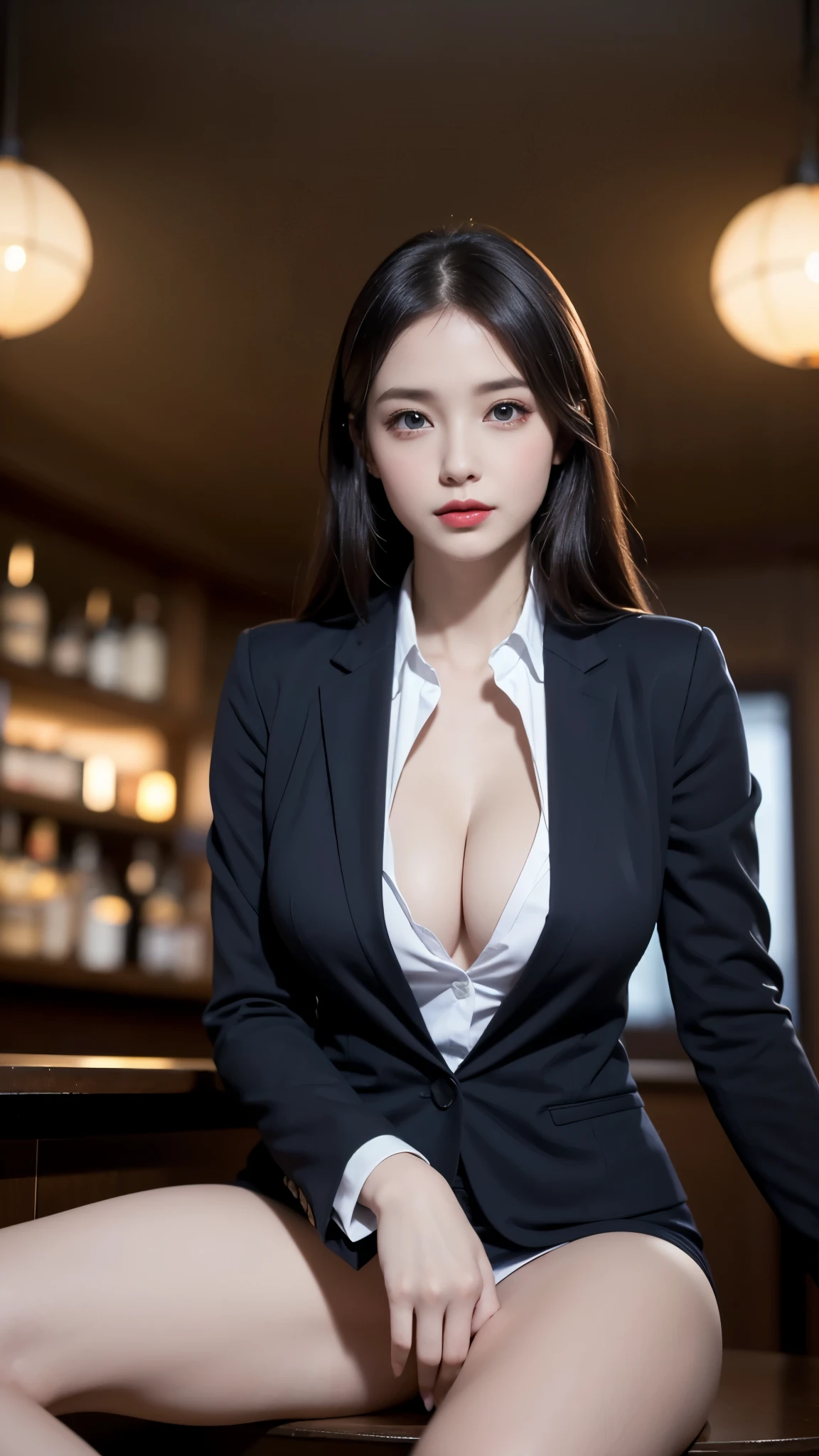 (1woman), beautiful, (Best Quality:1.4), (Ultra-detailed), (extremely detailed CG unified 8k wallpaper), Highly detailed, High-definition raw color photos, Professional Photography, Amazing face and eyes, makeup, (amazingly beautiful girl), ((Business suit)), ((mini skirt)), (business shirt with wide open breasts:1.2), Sitting, (Spread your legs), (no panties), (Dim and stylish bar, drinks, lights, illuminations:1.3), (view from below)