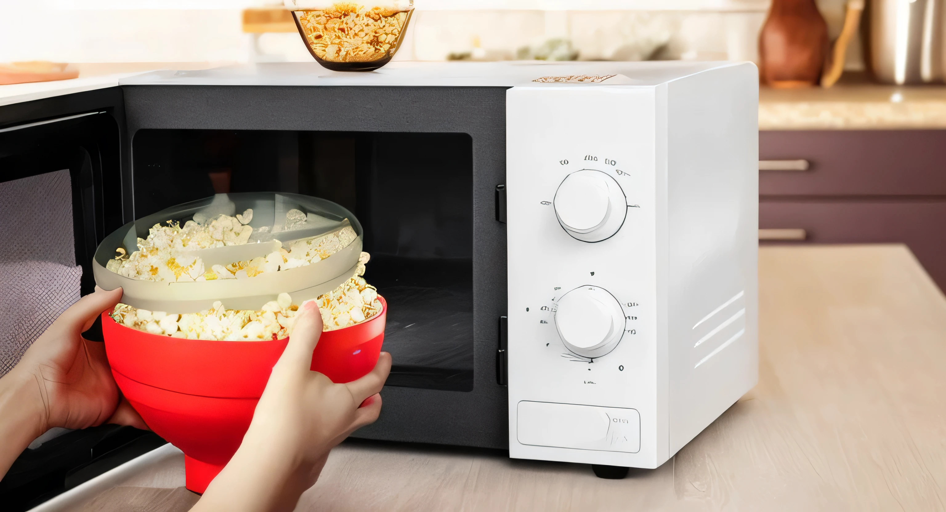 someone is putting popcorn in a microwave with a bowl of popcorn, Still life of microwave oven, food particles, simple, Silicone Case, bowl filled with food, cheap, simple to use, Popcorn maker, a green one, on a red plate, 1080p, 1 0 8 0 p, bowl, small, Crisp quality, oven, Movie flavor