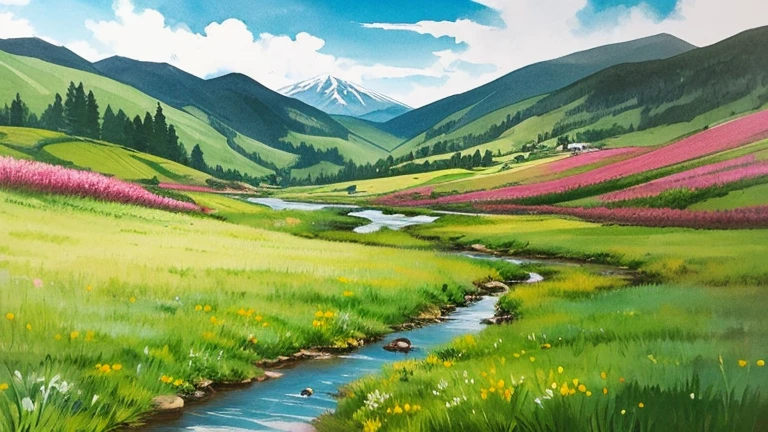 Ink Painting landscape「Mountain stream」 prompt: Mountain streamのせせらぎを描く。