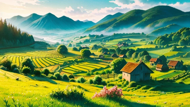 Ink Painting　landscape「Village Morning」 prompt: 朝の静かな村のlandscapeを描く。

