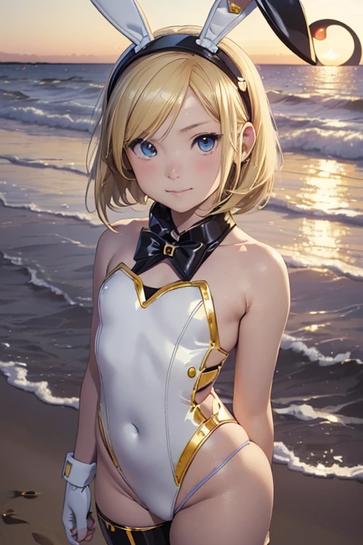 Photo of beautiful jpn-girl, masterpiece, 1 girl,
((:1.5)), Cyborg girl with blonde bob hair and blue eyes and dark skin, (blonde bob hair:1.2), smile, white latex bunny suit, (mechanical bunny ears headband: 1.2), headphones, (crescent moon sunset:1.3), bayside, shore, on the beach, (cowboy shot), 