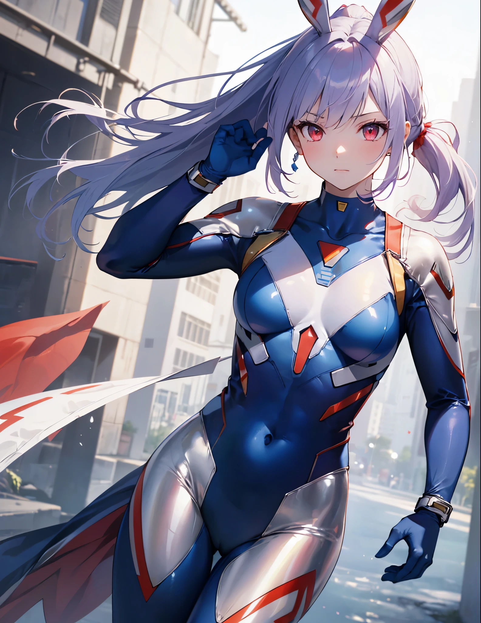 Realistic,highest quality, Ultra Detail, High-quality CG rendering, The most delicate and beautiful, Floating softly, High resolution, (1 girl), (Highest quality,4K,8K,masterpiece:1.2) ,Light purple hair,Rabbit,Bunny ears,ponytail,Red eyes,(Ultra Girl:1.0),(blue ultraman bodysuit:1.4),Blue gloves,Blue shoes