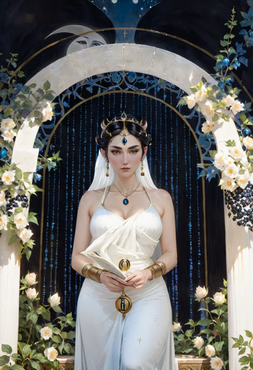 The High Priestess sits in front of a thin veil decorated with pomegranates. On either side of The High Priestess stand two pillars, marking the entrance to this sacred, mystical temple. One pillar is black with the letter B and the other is white with the letter J. The High Priestess wears a blue robe with a cross on her chest and a horned diadem, In her lap, she holds a scroll with the letters TORA, It is partly covered. There is a crescent moon at her feet, highly detailed