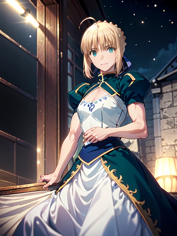 (masterpiece:1.4), (best quality:1.4), realistic, 1girl, artoria pendragon \(fate\), fair skin, large breast, night time, little ahoge, green eyes, blue gym outfit, happy, blush, little smile, stand, in the gym, face focus, from the front, looking at viewer, good pose, night time, close up view, sixpack abs