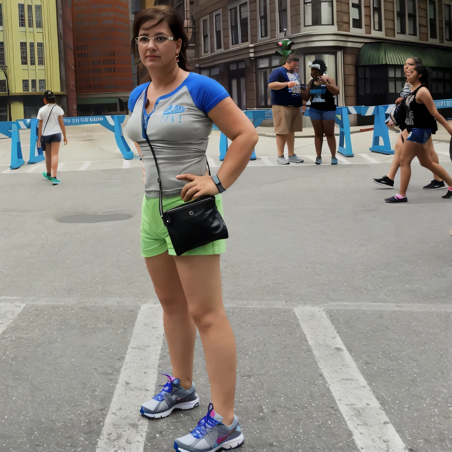 woman standing on a street at Disney's Hollywood Studio in Orlando, Florida, USA, standing at Disney's Hollywood Studio in Orlando, Florida, USA, wearing lime green shorts and a gray tank top with blue collars, with a beautiful and well-defined face, photo full body, 35 year old woman, photo taken in 2015, Disney!!, Disney! !!!, Disney artist,. Slim woman with thin waist. Her body exudes glamor and her face is the definition of beauty. Test, highly realistic, reddish skin, beautiful, slightly full lips, red lipstick, feeling of lightness and joy, hyper-realism, very elaborate skin, direct look. Full body photo, clear and high quality photo. Beautiful woman, extremely sexy, very sensual. Masterpiece: 1.3, high resolution, (photographically realistic), 8k, NUDE, NUDITY, NFSW.