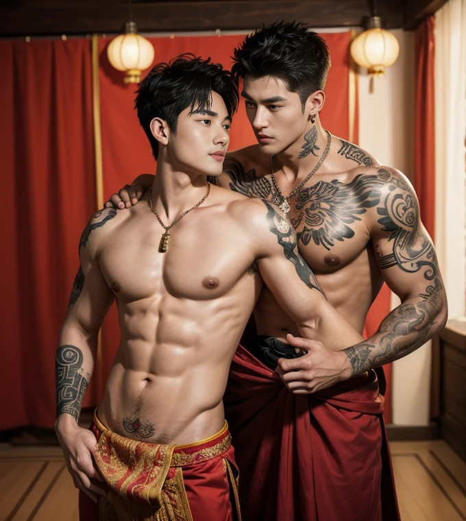 ( safe for work),Two handsome boys kissing, smiling at each other,hugging, kissing, touching lips, cuddle, romantic,skin ship, Chinese Men God, Mythology, realistic, Chinese odyssy, super Handsome,manly, kpop idol, handsome korean actor, 20 years old,, detailed face, manly jawline, detailed mess curly styling hair, , Muscles, big  Athlete body, Full Frame,full body shoots, realistic, human skin, tattoo , Professional studio Lighting, long red tibet wedding Outfit, jade and golden pendent all over , detailed jewery in dress, earings,Chinese ancient wedding Background,out door, super detailed background,look at camera , open mouth, thin Underneathe , tibet Warrior, Hanfu red wedding dress, tibet Male, tibet Nobel,  ,   , tattoo , tattoo arms, tattoo hands, tattoo back, tattoo legs , tattoo belly, big juicy butts, 