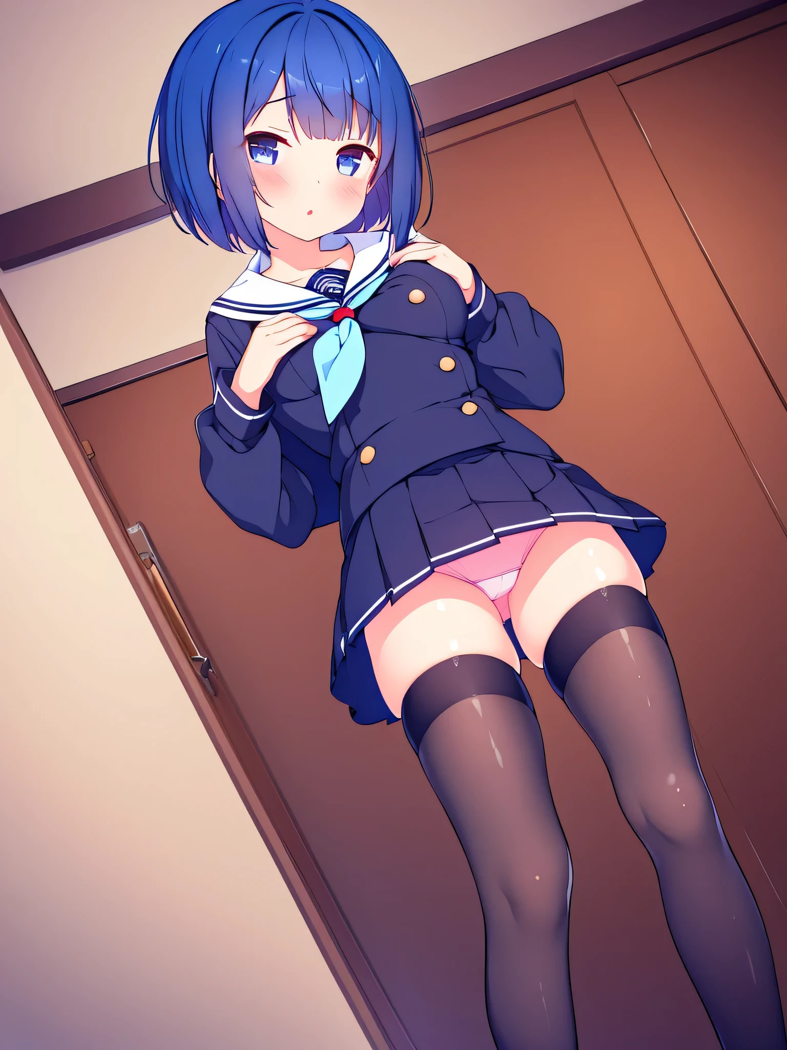 Girl in black white Navy sailor with stockings blue hair red eyes Short skirt with small breasts show panties pink In room
