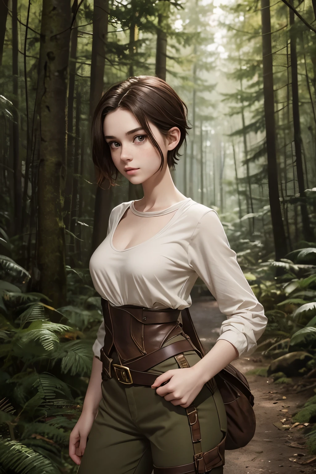 A young female ranger in a fantasy setting. Wearing an outfit of a lonly ranger. She is rather slim. Very small breasts. Wide hips and long thick legs. Extremly pale skin with liverspots. Dark brown hair. A very very short boyish haircut. Extremly short hair. A narrow soft face. Soft round chin. Rather big forehead. A very long and big nose. Cute curved lips. Big upturned eyes. Very bright and barley visible eyebrows. Very very thin eyebrows. Pale skin with freckles and liverspots. Long neck. Soft, Kind, friendly, Intelligent. Background: A romantic colourful forest. 