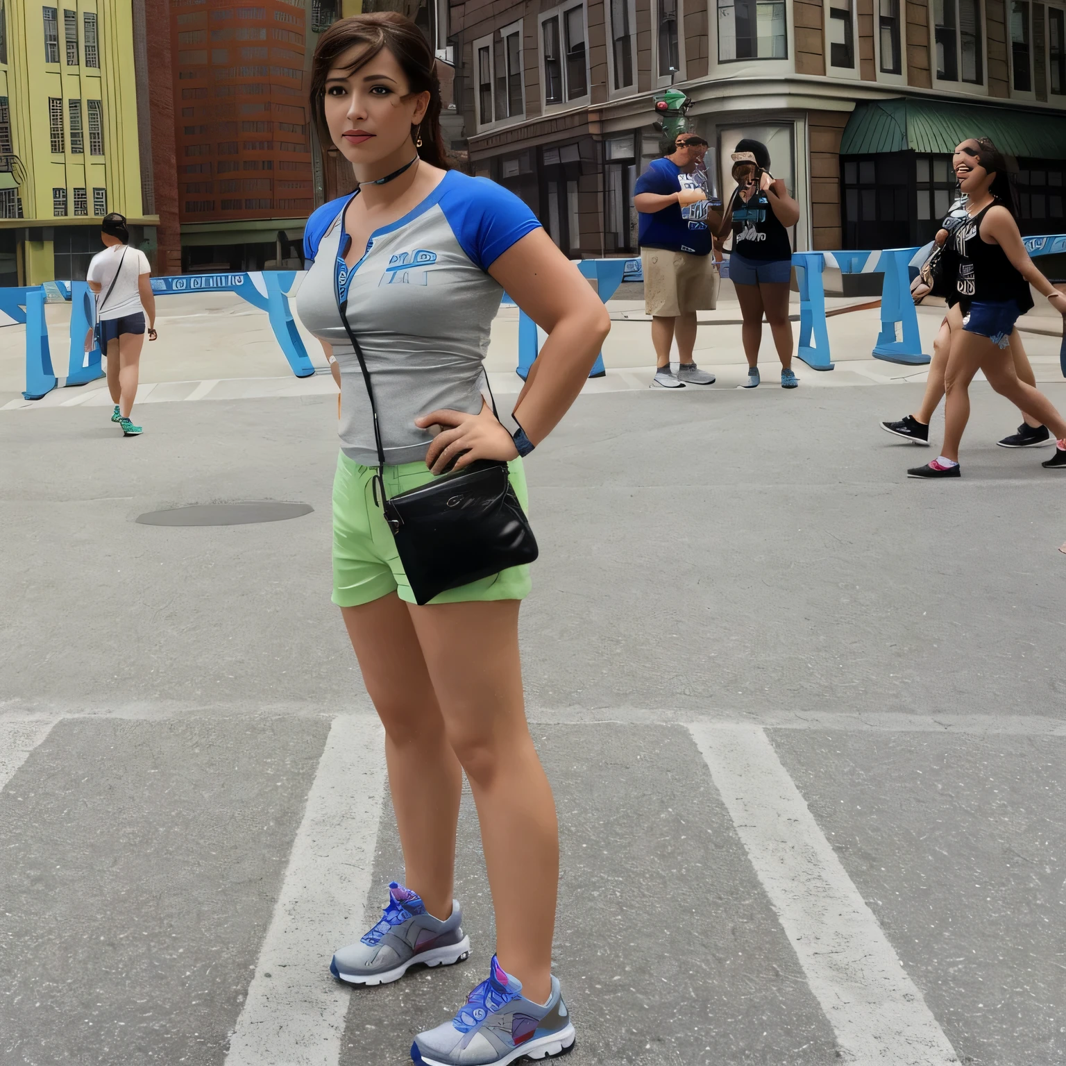woman standing on a street at Disney's Hollywood Studio in Orlando, Florida, USA, standing at Disney's Hollywood Studio in Orlando, Florida, USA, wearing lime green shorts and a gray tank top with blue collars, with a beautiful and well-defined face, photo full body, 35 year old woman, photo taken in 2015, Disney!!, Disney! !!!, Disney artist,. Slim woman with thin waist. Her body exudes glamor and her face is the definition of beauty. Test, highly realistic, reddish skin, beautiful, slightly full lips, red lipstick, feeling of lightness and joy, hyper-realism, very elaborate skin, direct look. Full body photo, clear and high quality photo. Beautiful woman, extremely sexy, very sensual. Masterpiece: 1.3, high resolution, (photographically realistic), 8k, NUDE, NUDITY, NFSW.